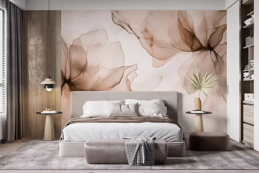 Fototapete Blumen im fließenden Stil, florale Abstraktion, Aquarell, beige Farbpalette w03406v3