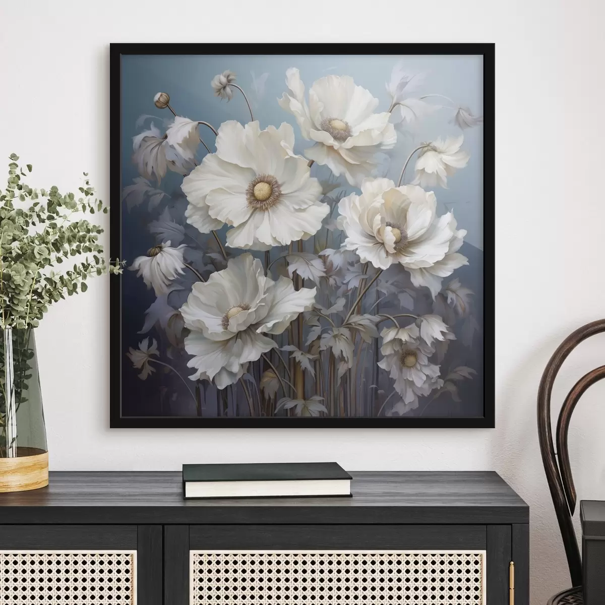 Poster Weißer Blumenstrauß aus Pfingstrosen auf blauem Hintergrund im Malstil f43370