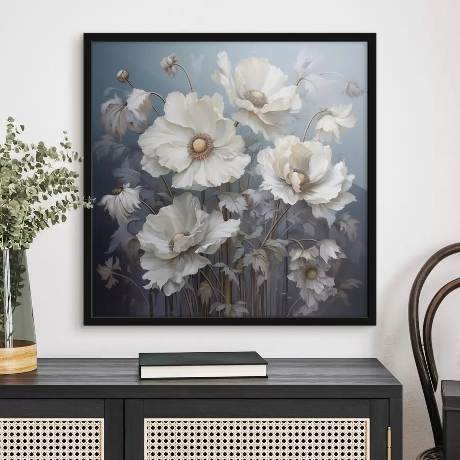 Fototapete Weißer Blumenstrauß aus Pfingstrosen auf blauem Hintergrund im Malstil f43370