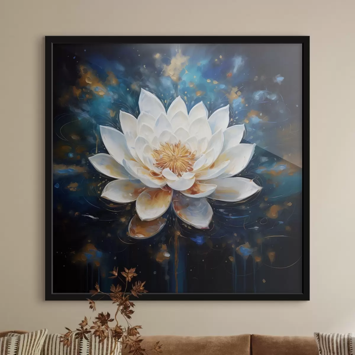 Poster Weißer Lotus auf blauem Hintergrund im Malstil f43371