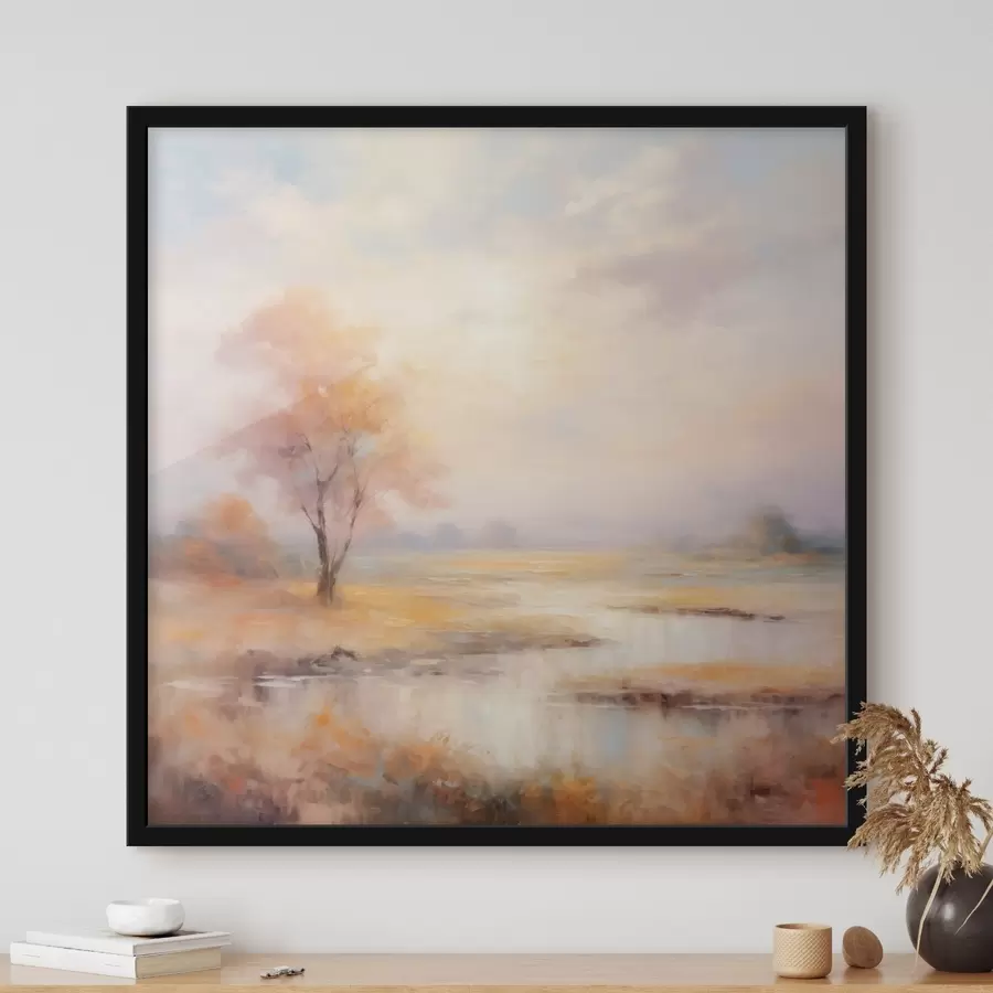 Fototapete Landschaft in warmen Farbtönen mit einem Fluss und einem Baum f43375