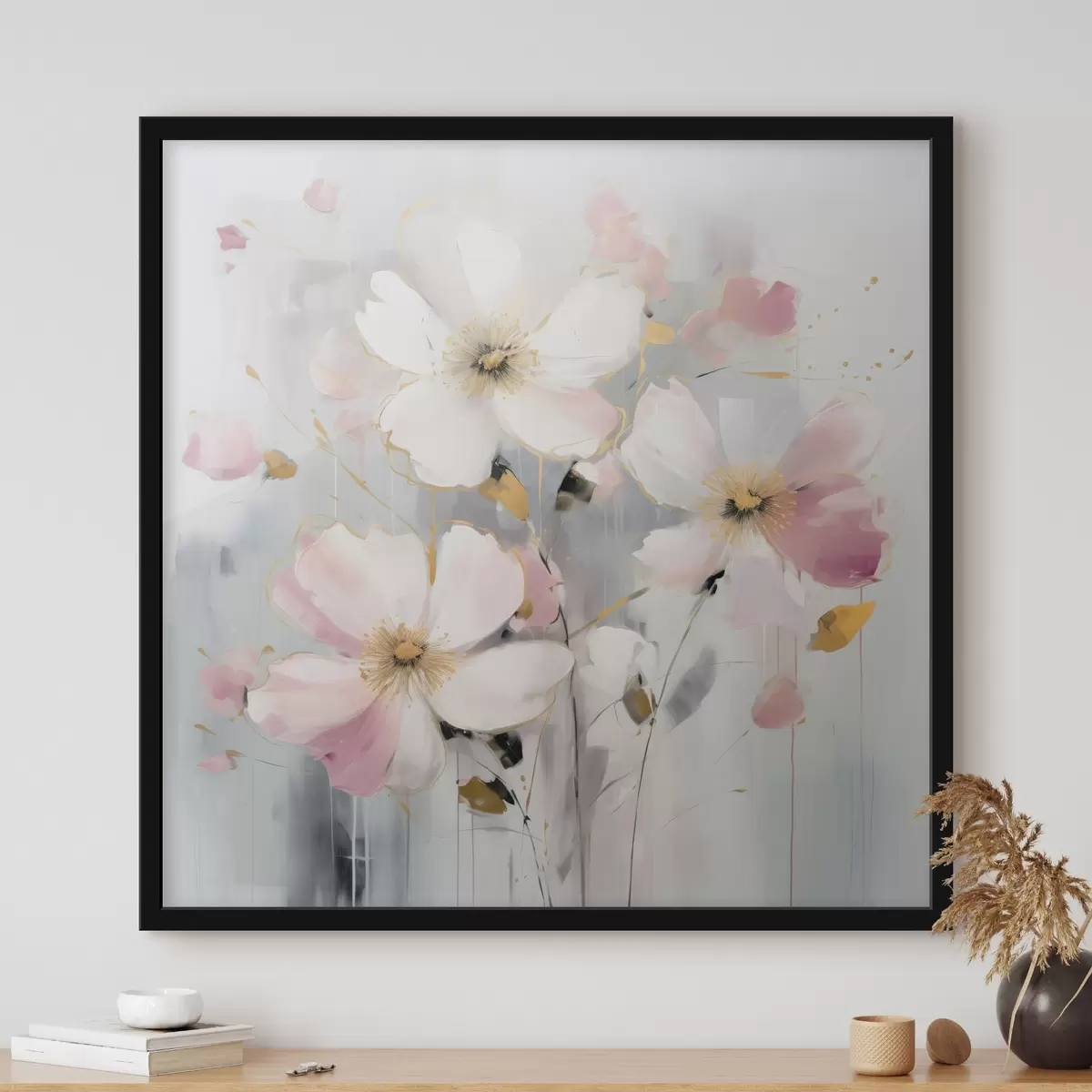 Poster Blumen in sanften Tönen mit großen Pinselstrichen im Malstil f43380