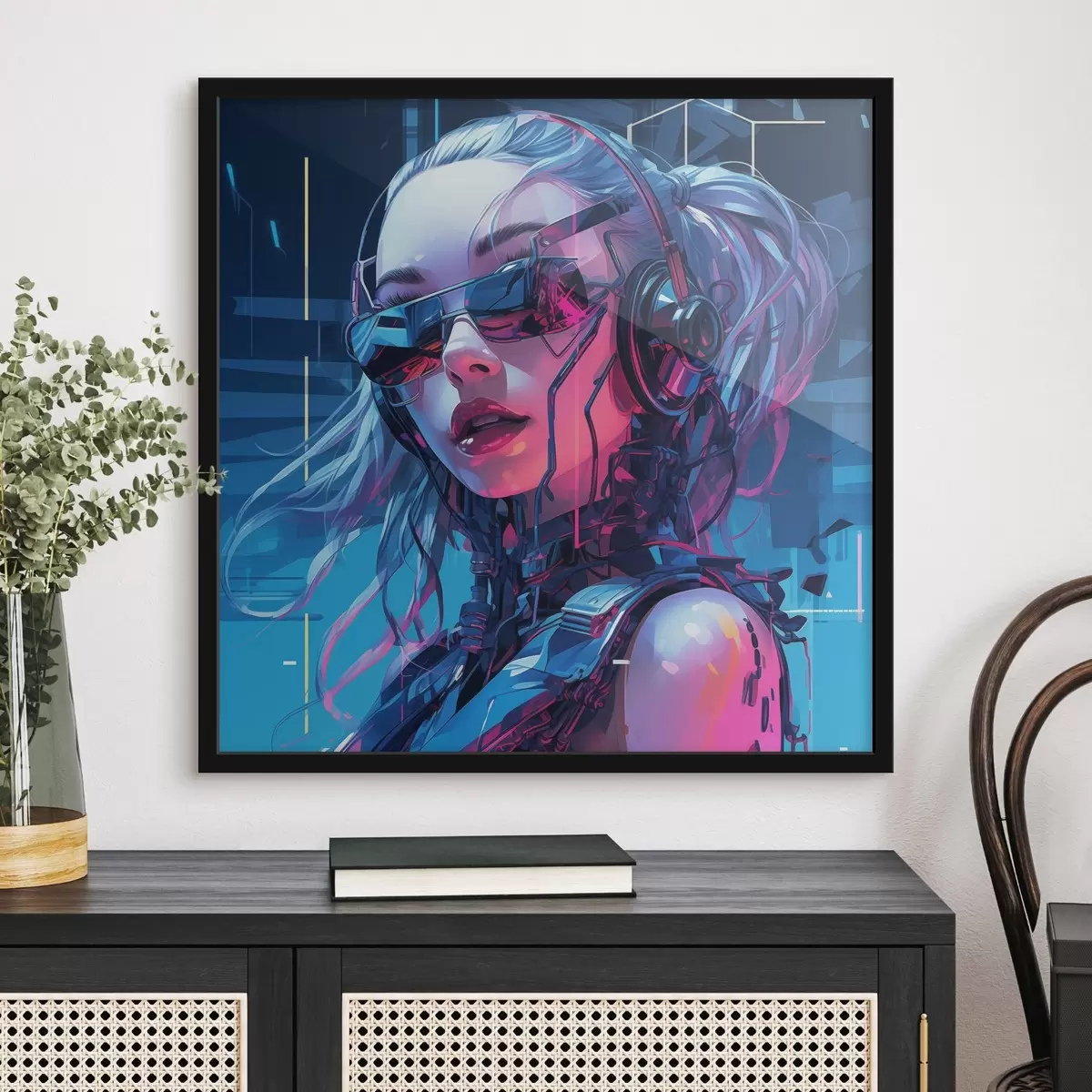 Poster Futuristisches Mädchen mit Brille und Neon-Farbeffekt f43381