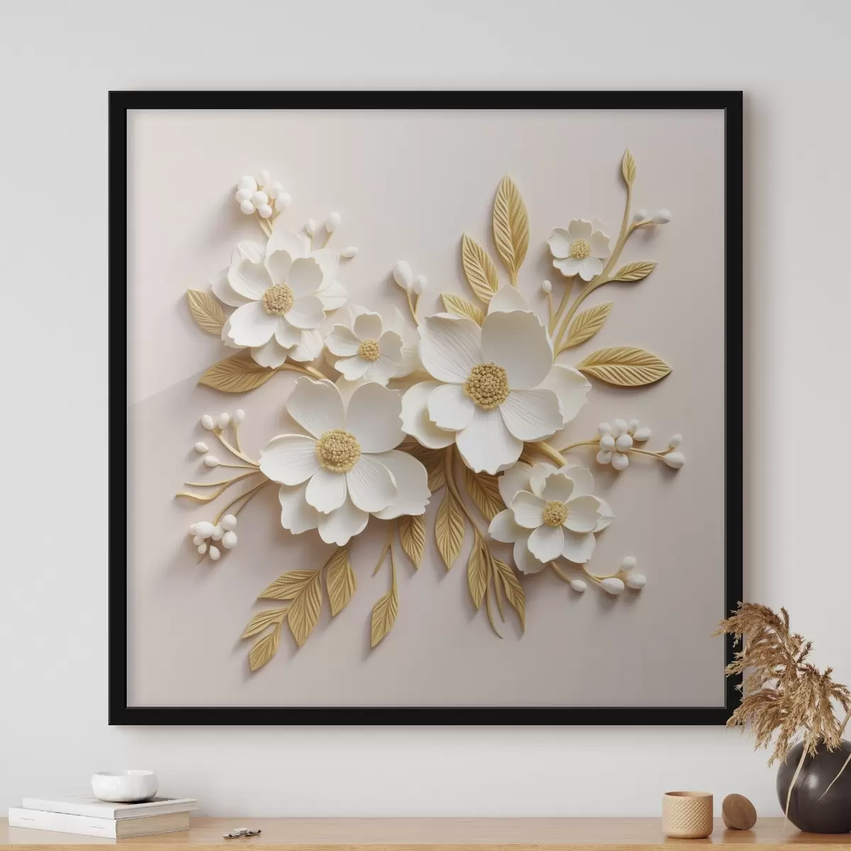 Poster 3D weiße Blumen mit Blättern auf einem cremefarbenen Hintergrund f43383