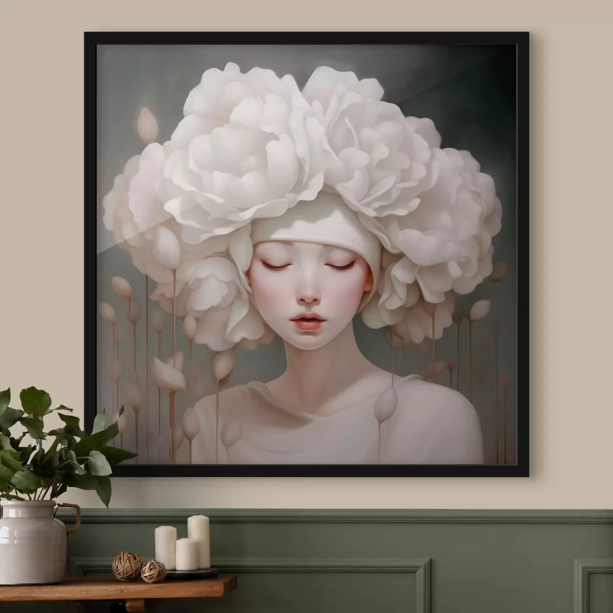 Poster Mädchen mit Blumen auf dem Kopf in sanften Tönen f43385