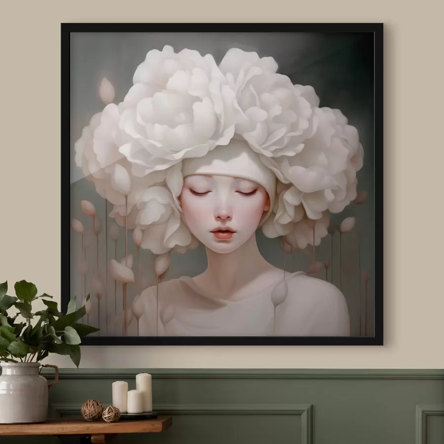 Fototapete Mädchen mit Blumen auf dem Kopf in sanften Tönen f43385