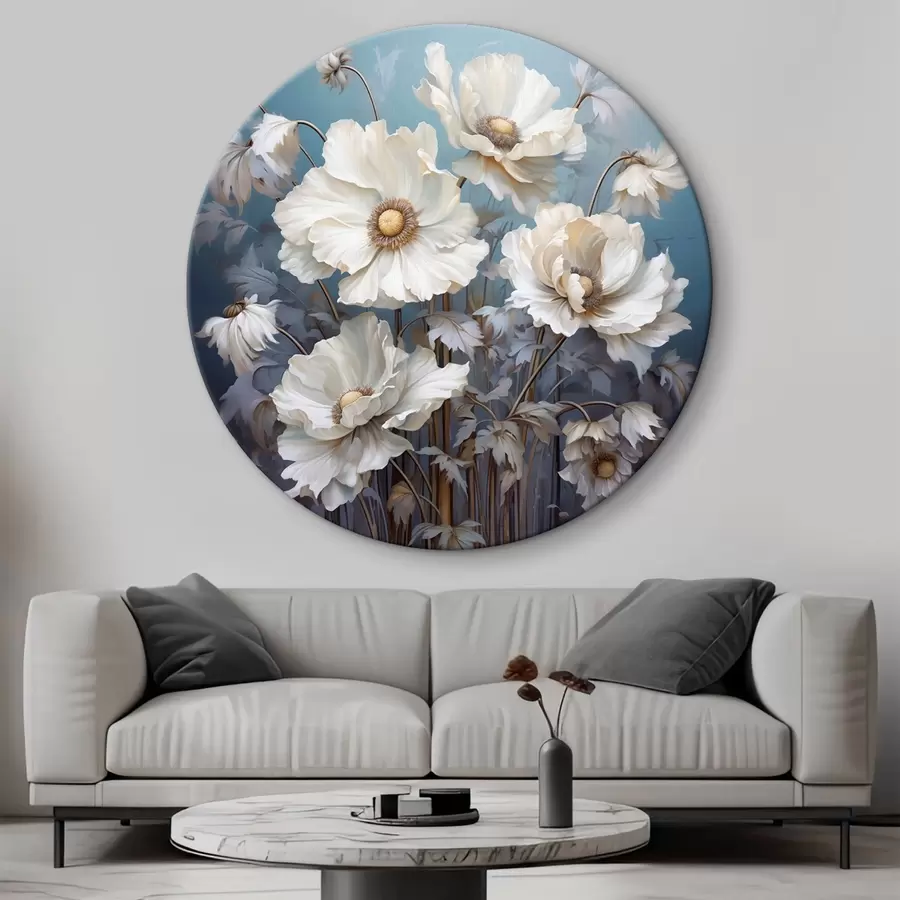 Wandbilder Weißer Blumenstrauß aus Pfingstrosen auf blauem Hintergrund im Malstil r43370