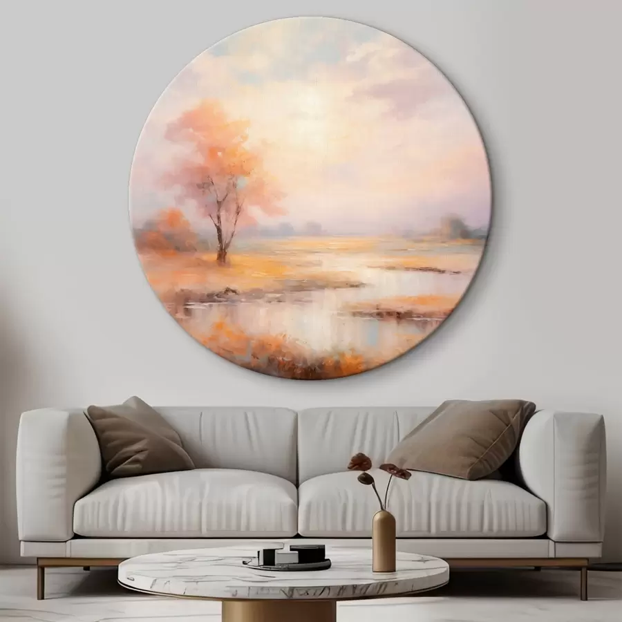 Wandbilder Landschaft in warmen Farbtönen mit einem Fluss und einem Baum r43375