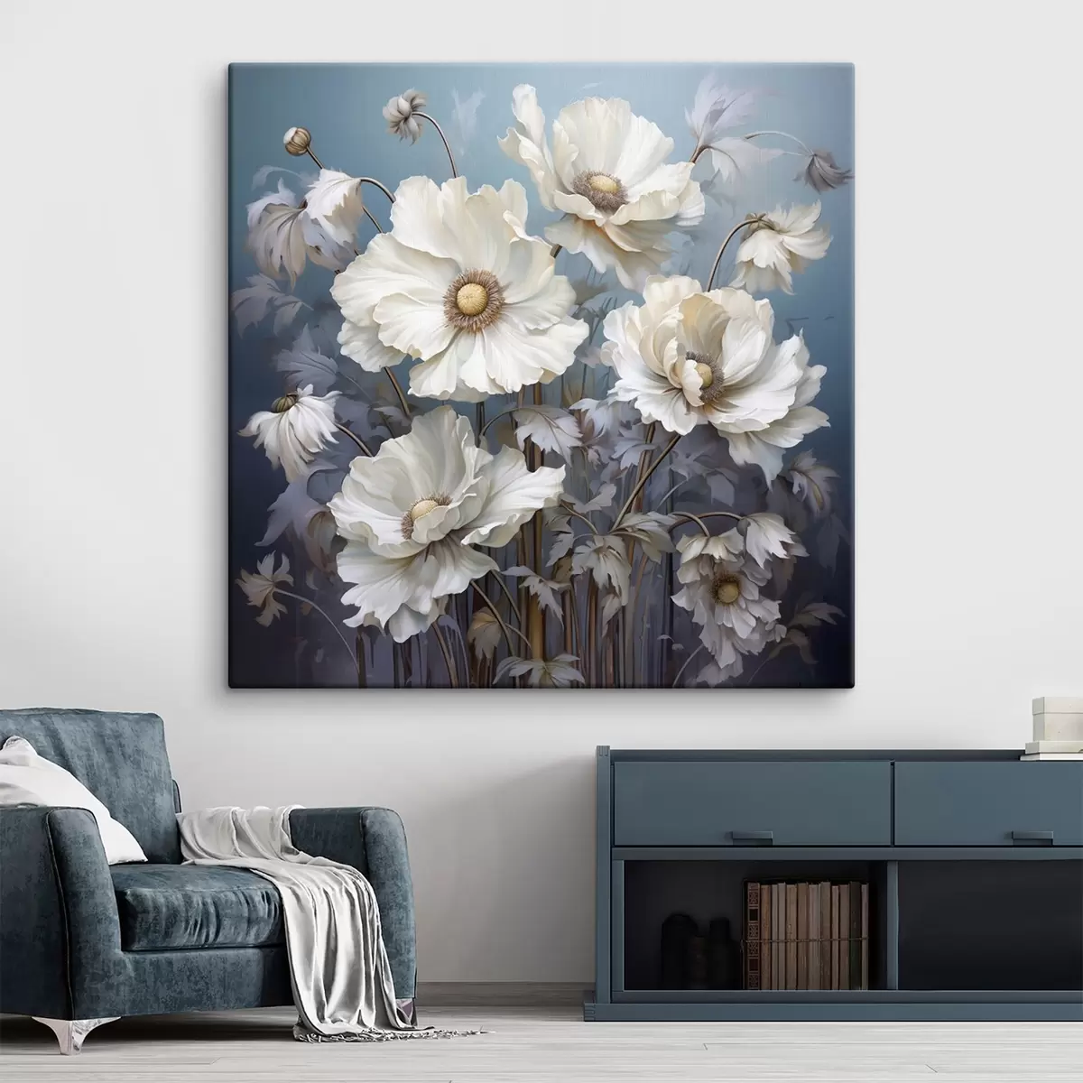 Wandbilder Weißer Blumenstrauß aus Pfingstrosen auf blauem Hintergrund im Malstil s43370