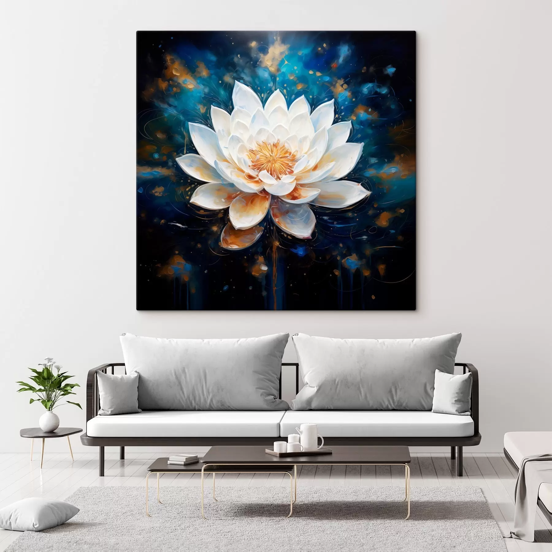 Fototapete Weißer Lotus auf blauem Hintergrund im Malstil s43371