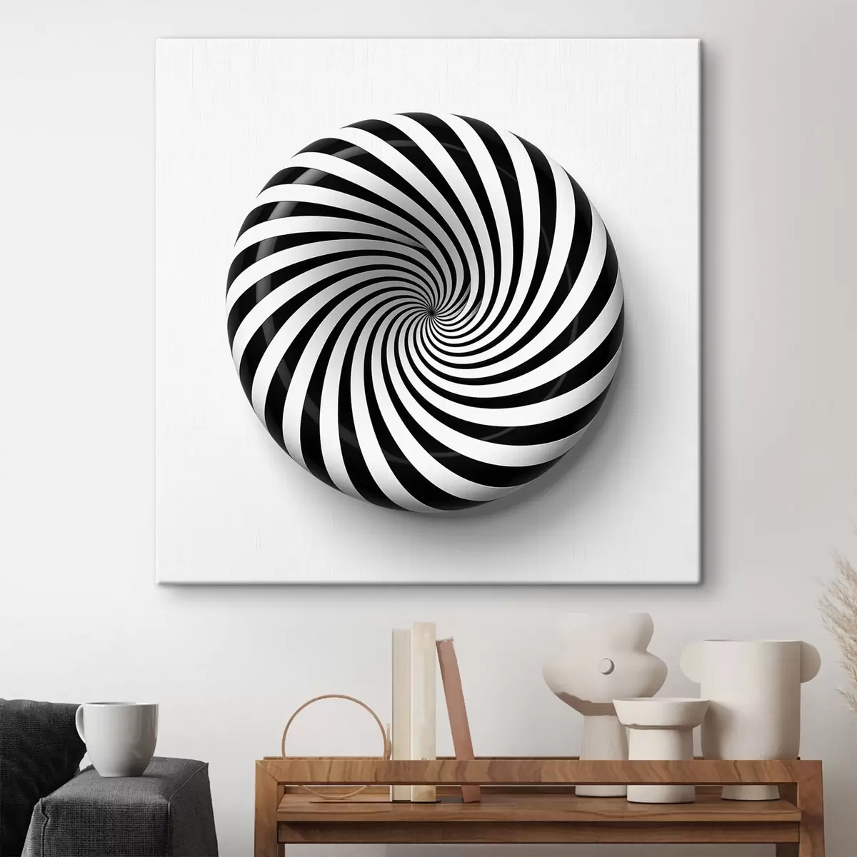 Wandbilder Geometrische, wirbelnde Grafik, schwarze Grafik auf weißem Hintergrund s43376