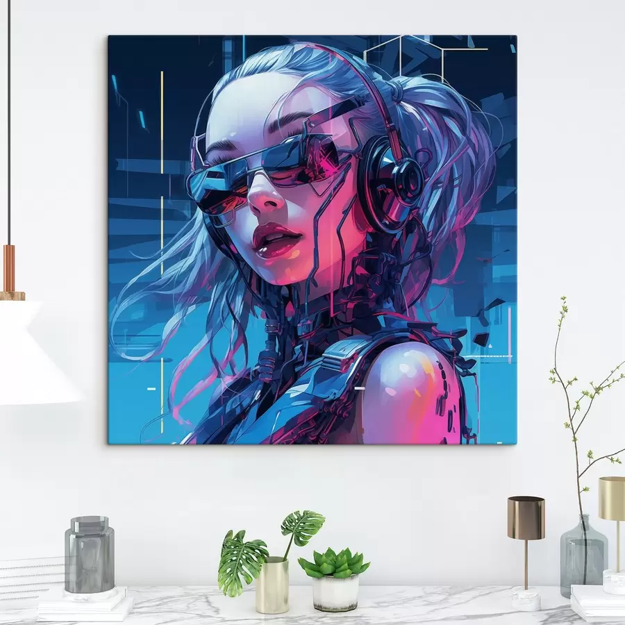 Wandbilder Futuristisches Mädchen mit Brille und Neon-Farbeffekt s43381