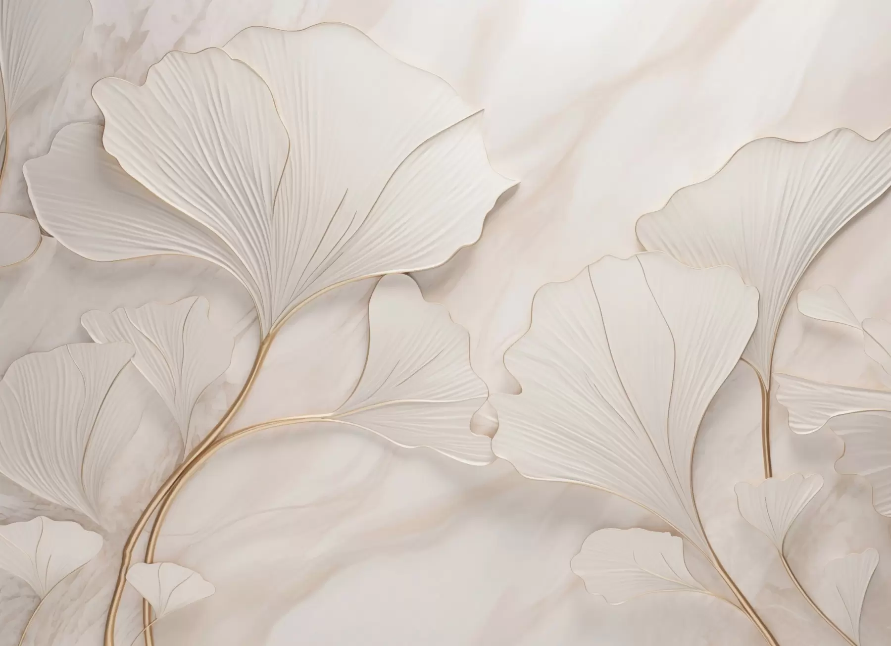 Fototapete Pastellfarbene Blätter auf einem Marmorhintergrund in Beigetönen w03440v1