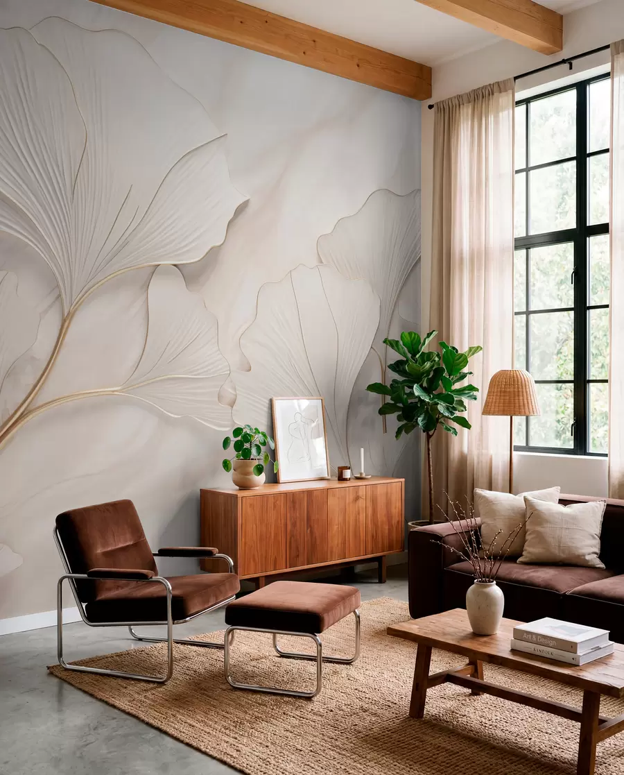 Fototapete Pastellfarbene Blätter auf einem Marmorhintergrund in Beigetönen w03440v1