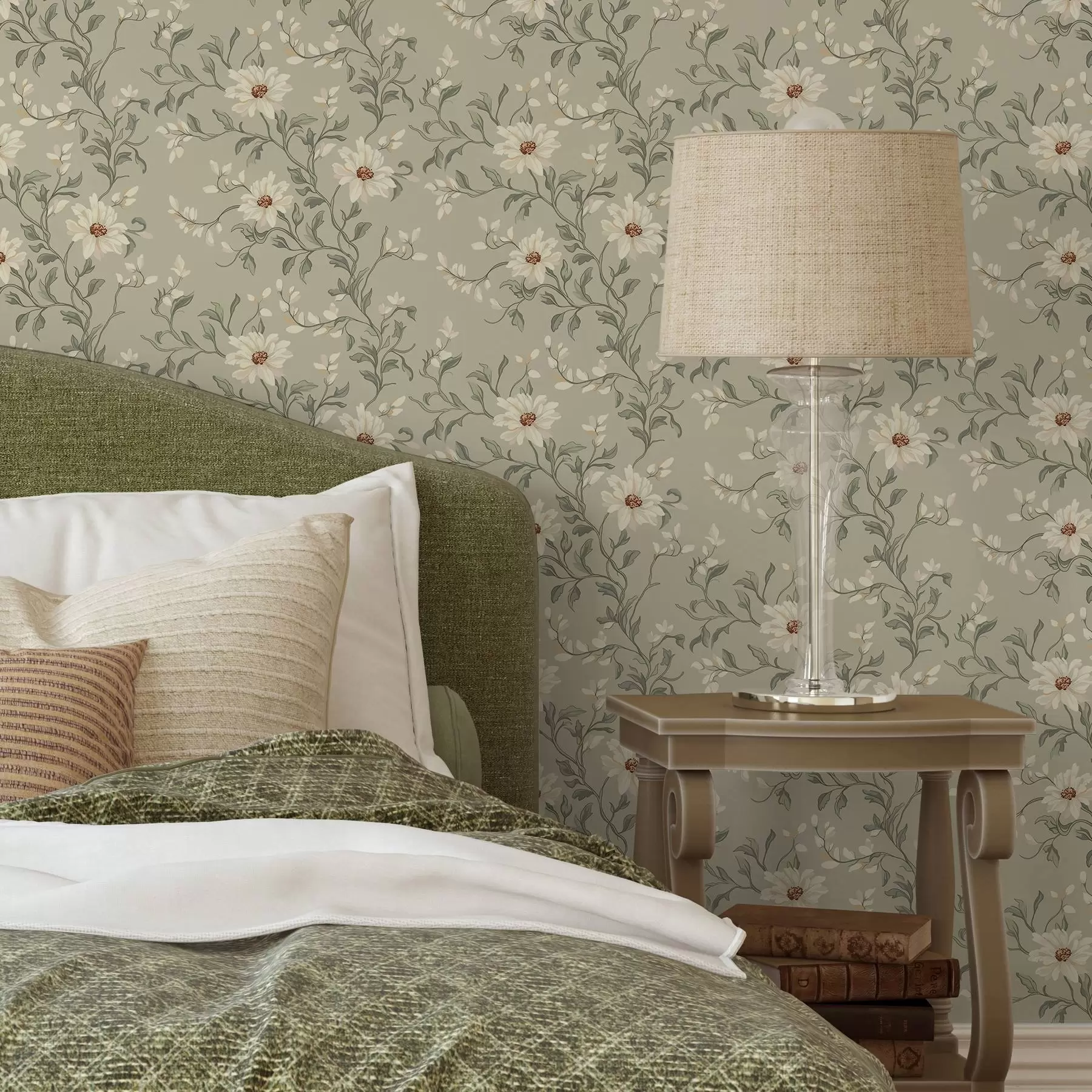 Fototapete Weiße Blumen mit zappelnden Blättern auf hellem Hintergrund a00001v1