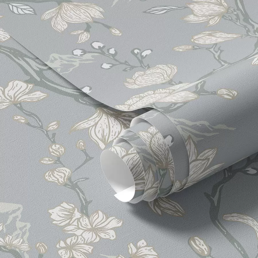 Fototapete Weiße Blumen auf Zweigen und Berge auf blauem Hintergrund a00021