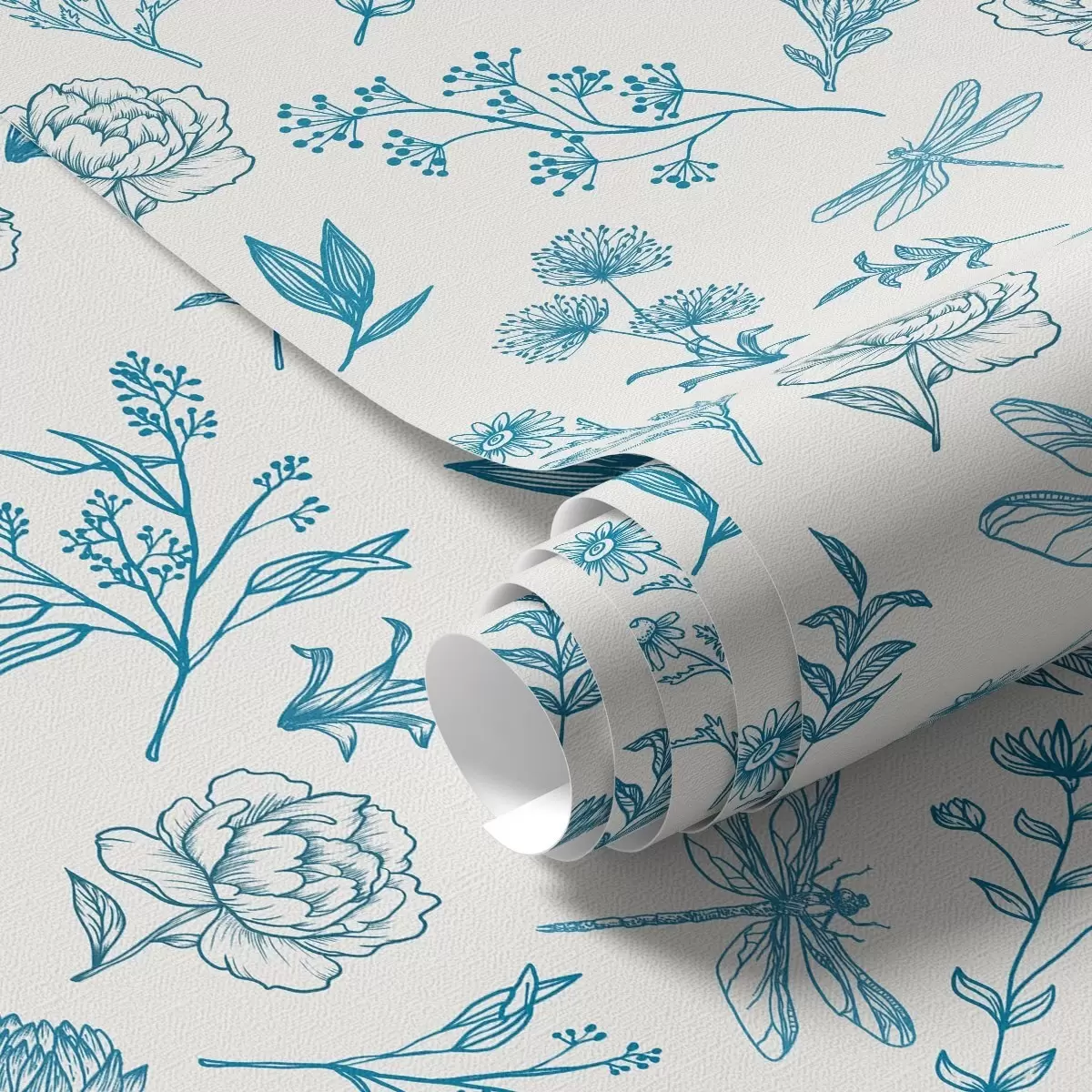 Tapete Blaue Blumen, Blätter und Libellen auf weißem Hintergrund a00025