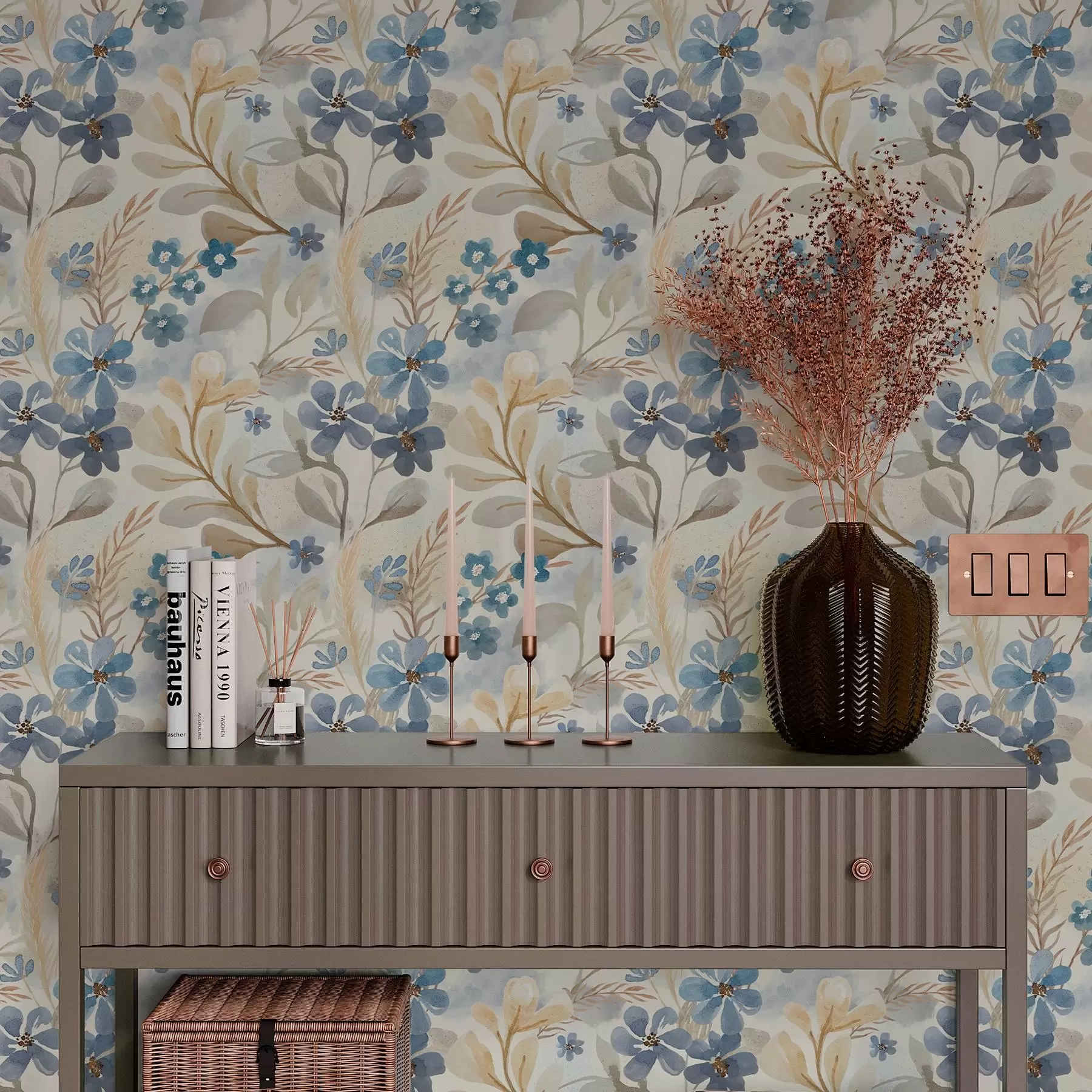 Fototapete Zarte Blumen und Blätter im Aquarellstil a00042