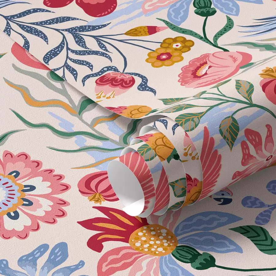 Fototapete Helle Blumen und Beeren Komposition mit Papageien a00046