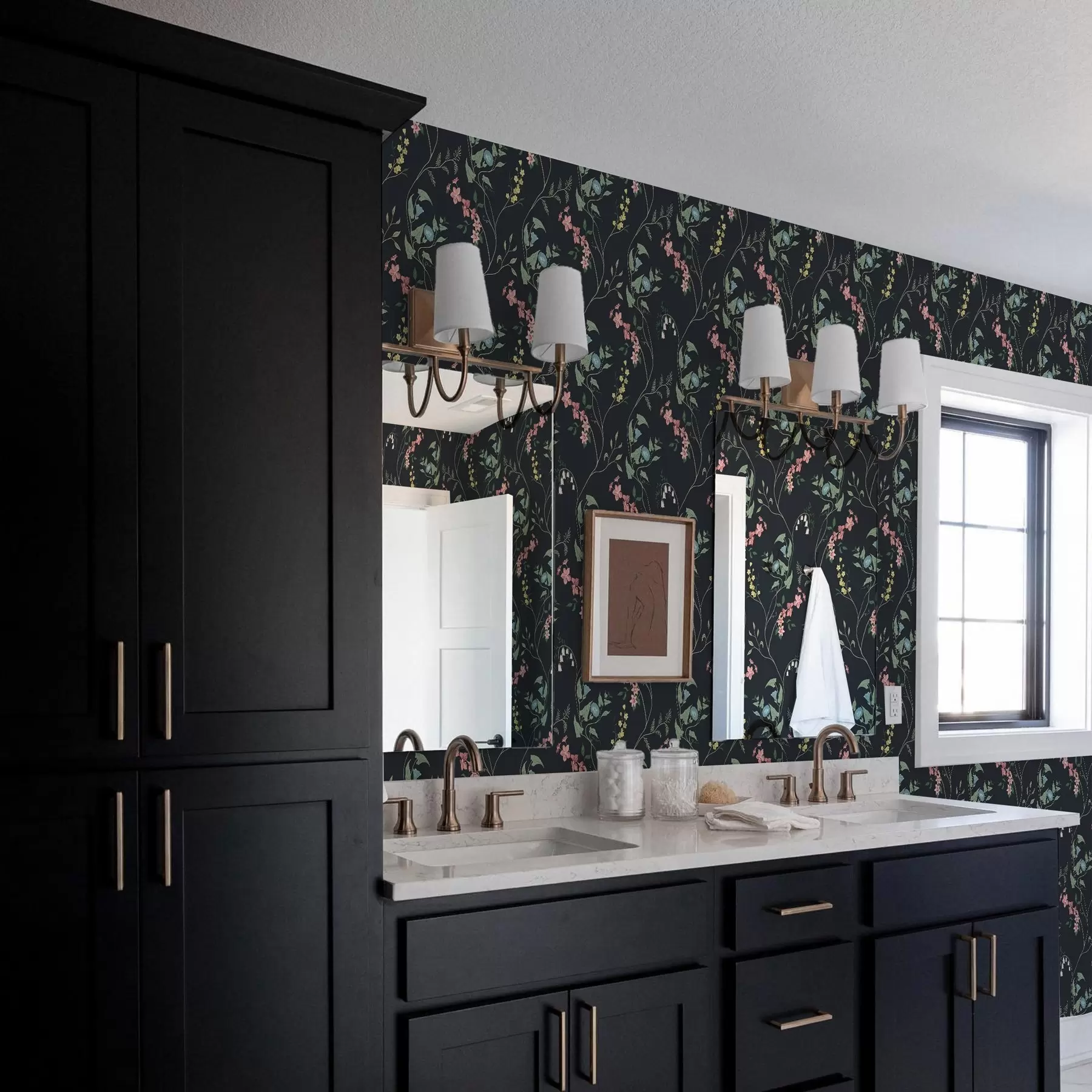 Fototapete Blumen, Blätter und Stängel auf dunklem Hintergrund a00047