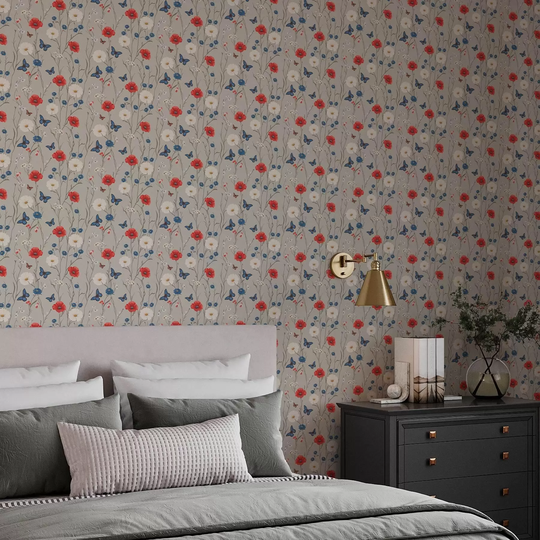 Fototapete Mohnblumen, Gänseblümchen und Schmetterlinge auf hellgrauem Hintergrund a00072v1