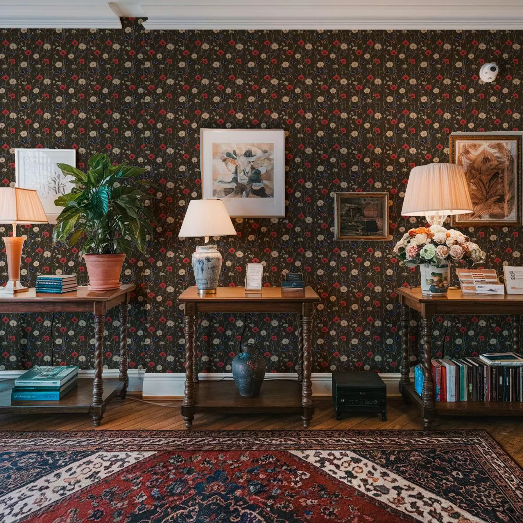 Fototapete Mohnblumen, Gänseblümchen und Schmetterlinge auf einem dunklen Hintergrund a00072v2