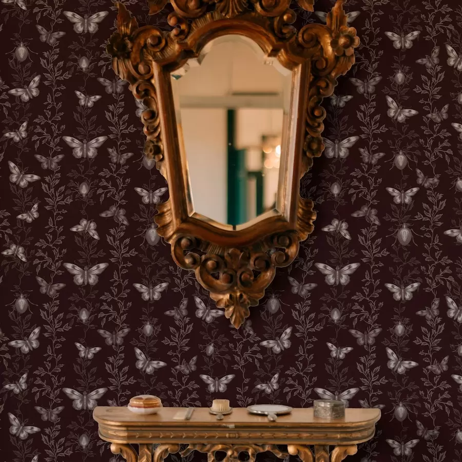 Fototapete Komposition mit Schmetterlingen, Blättern und Insekten auf dunklem Hintergrund a00073v1