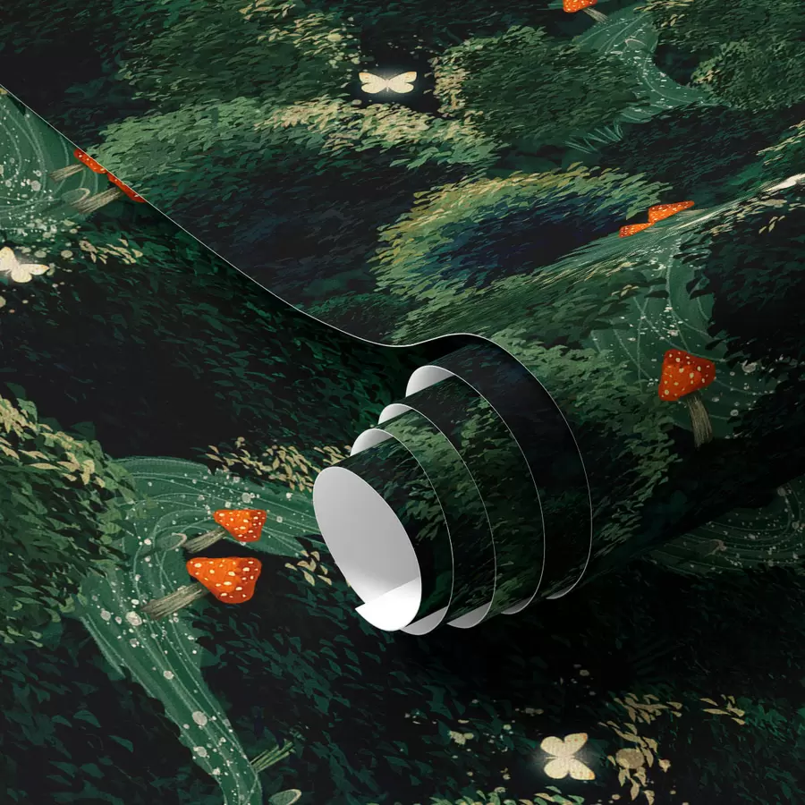 Fototapete Üppige Baumkronen und bunte Pilze a00087