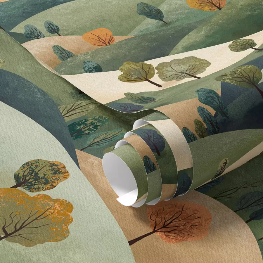 Fototapete Lustige Hügel mit Bäumen a00091