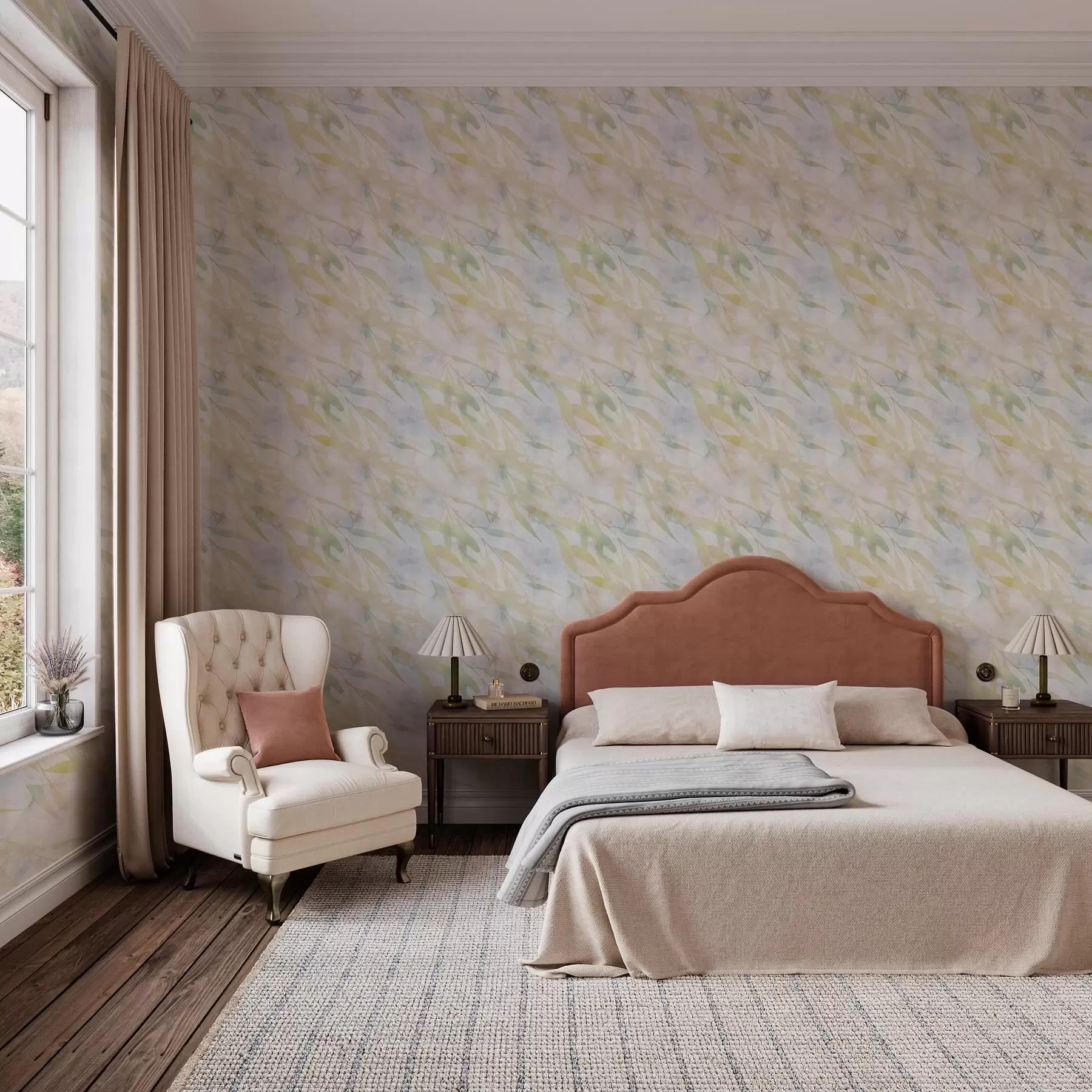 Fototapete Gelbgrüne Zweige mit Blättern im Wind a00097