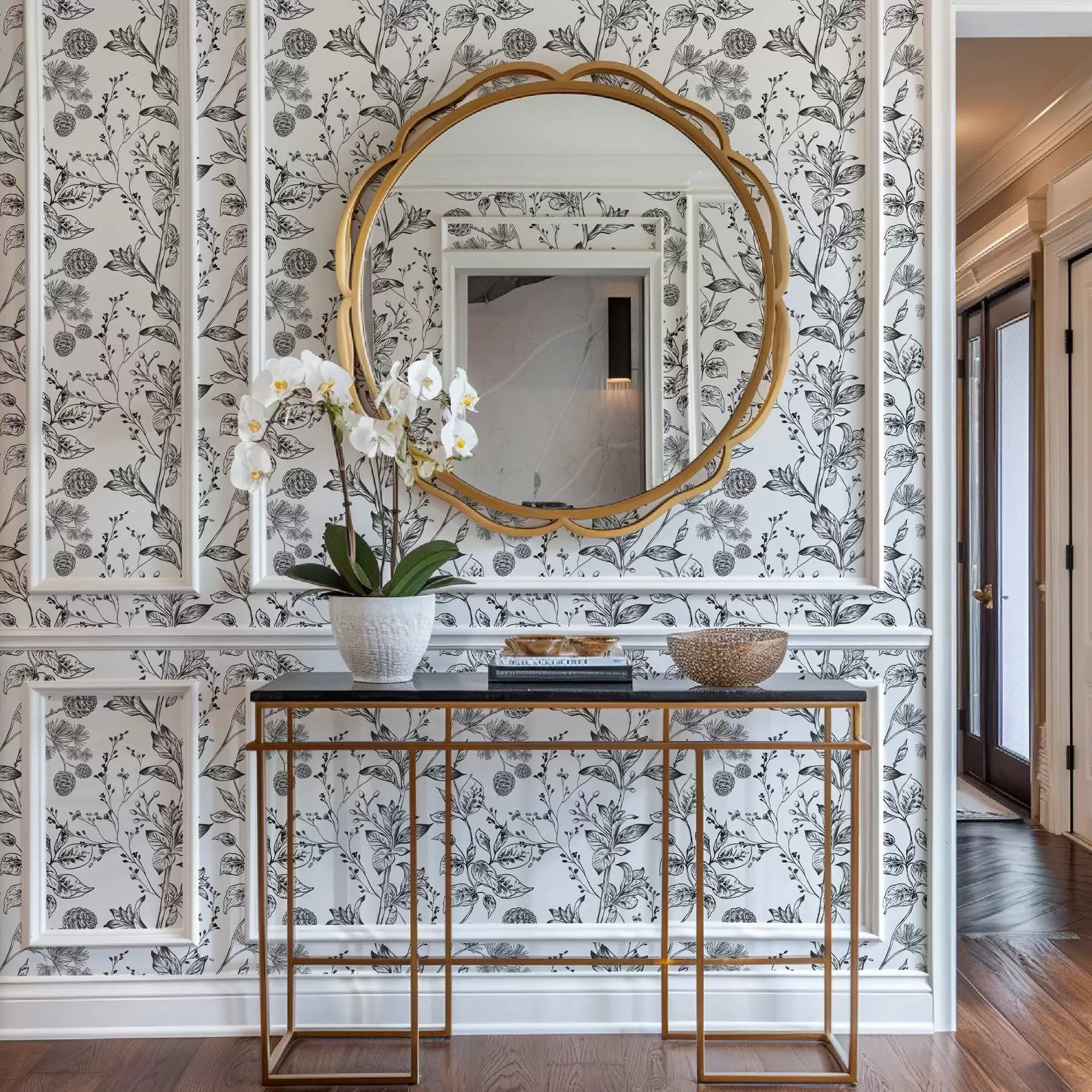 Fototapete Schwarze und weiße Zweige mit Blättern auf weißem Hintergrund a00098v1