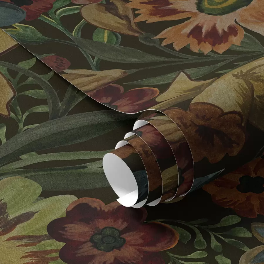 Fototapete Dunkle Blumen und Blätter auf dunklem Hintergrund a00100