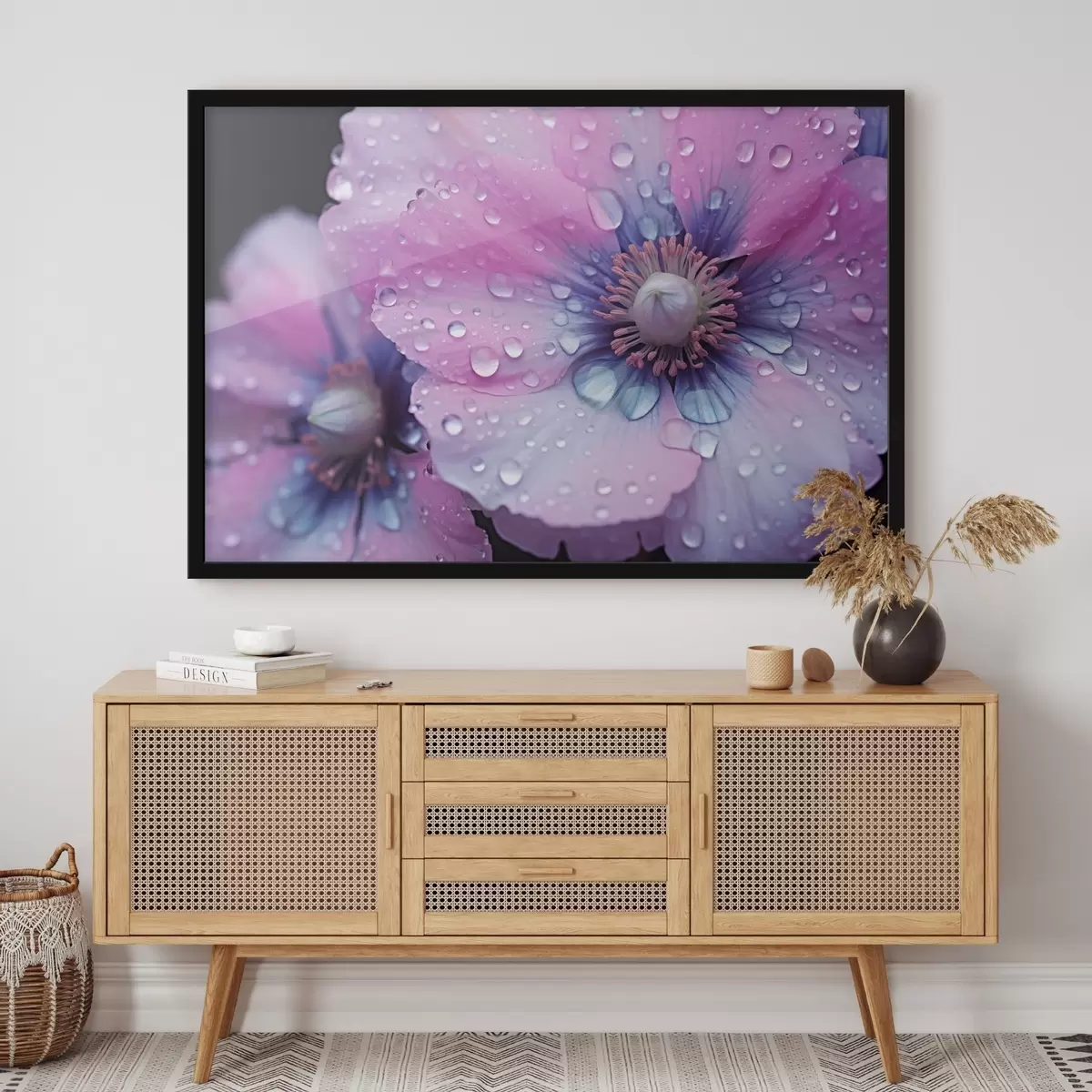 Poster Rosa und lila Blumen in voller Blüte in Wassertropfen bedeckt, auf dunklem Hintergrund f43394