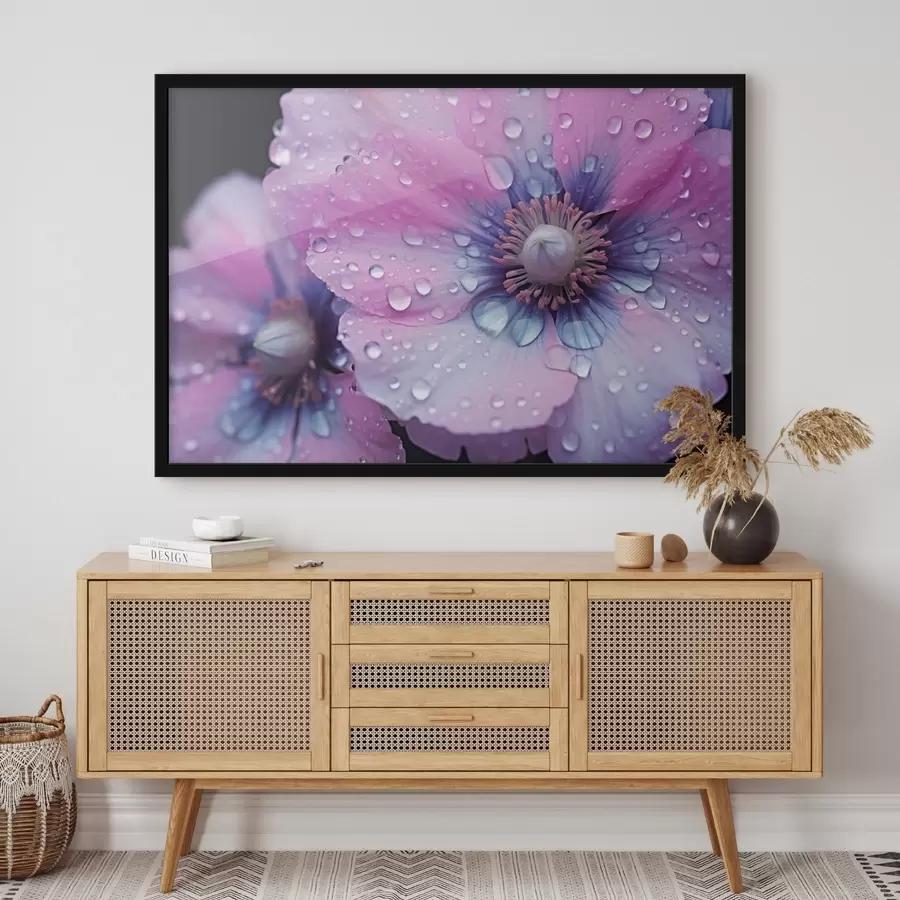 Fototapete Rosa und lila Blumen in voller Blüte in Wassertropfen bedeckt, auf dunklem Hintergrund f43394