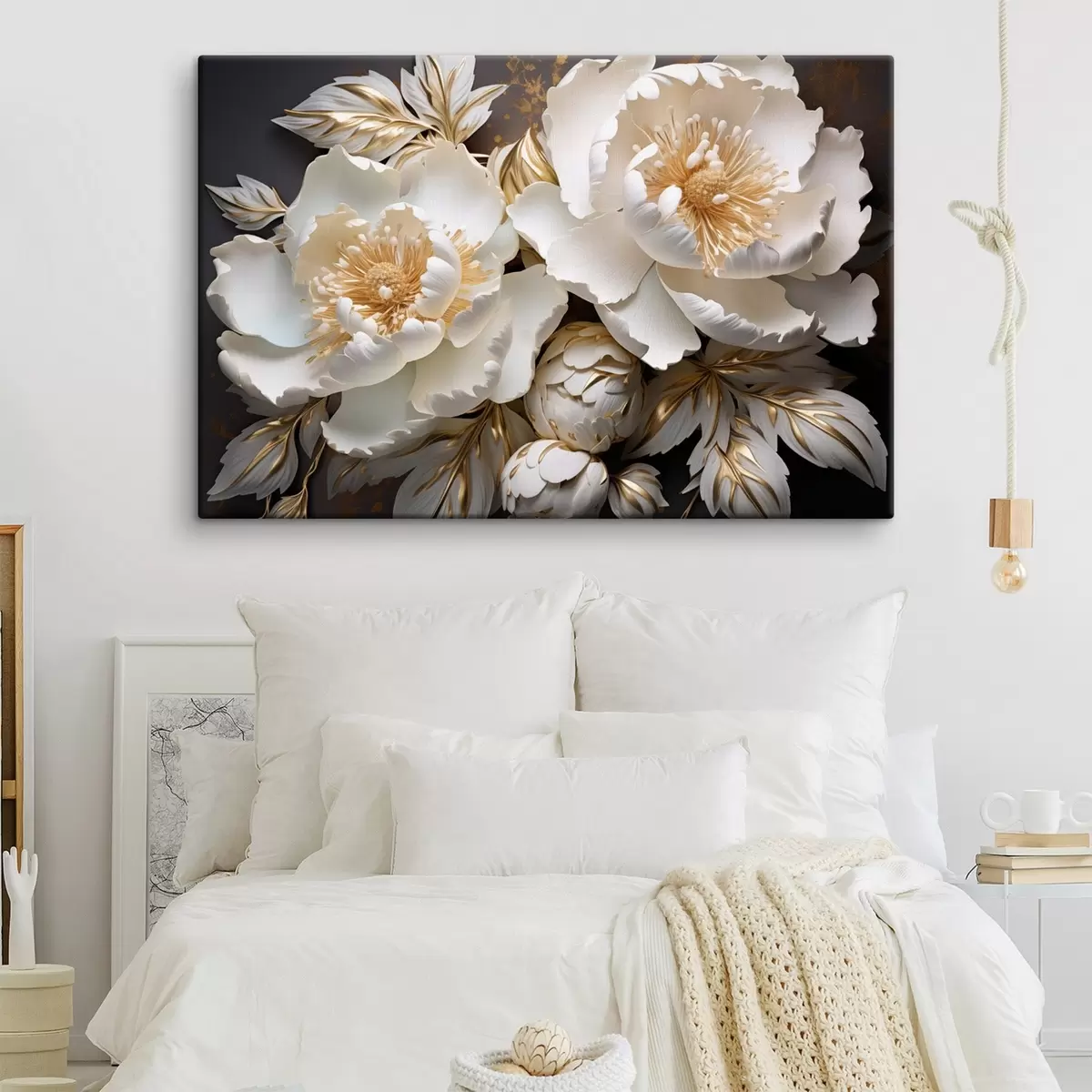 Wandbilder Weiße und gelbe Pfingstrosen mit Blättern, komplizierte Details, dekorative Kunst, dunkler Hintergrund s43399