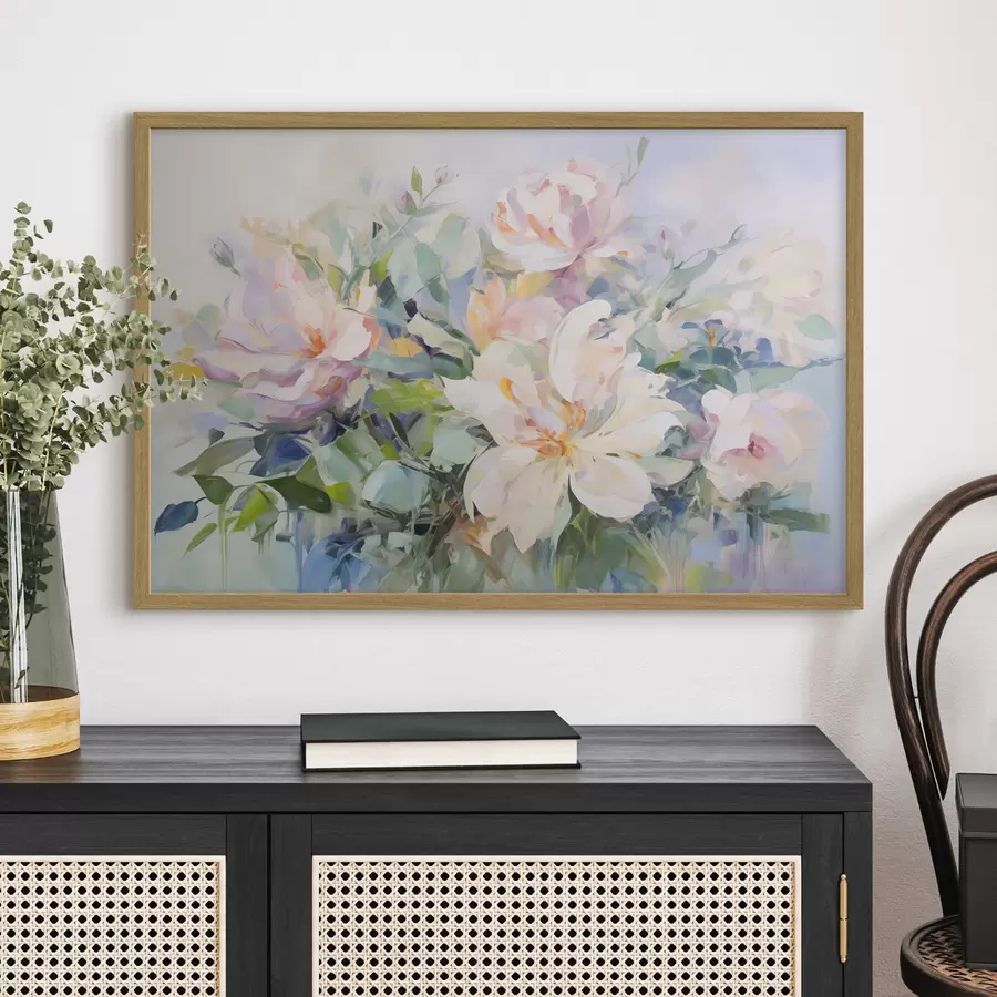 Fototapete Ein Blumenarrangement mit pastellfarbenen Blumen und blauen Blättern, Ölgemälde-Imitation f43390