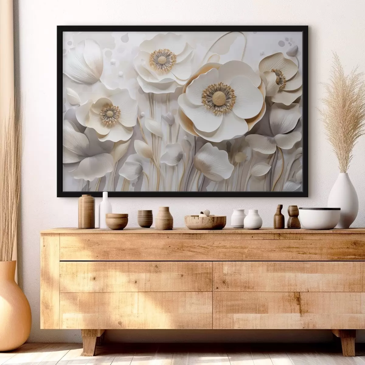 Poster Weiße Anemonenblüten mit gelber Mitte, mit minimalistischem Hintergrund, der ein zartes Blumenmuster ergibt f43400