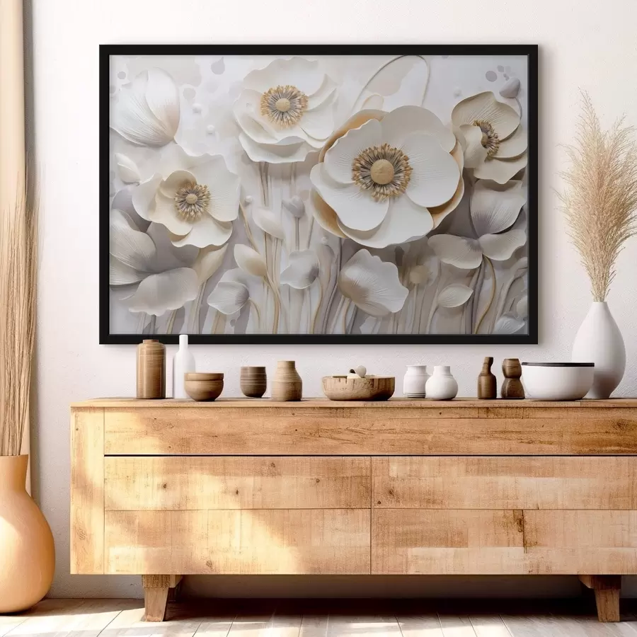 Fototapete Weiße Anemonenblüten mit gelber Mitte, mit minimalistischem Hintergrund, der ein zartes Blumenmuster ergibt f43400