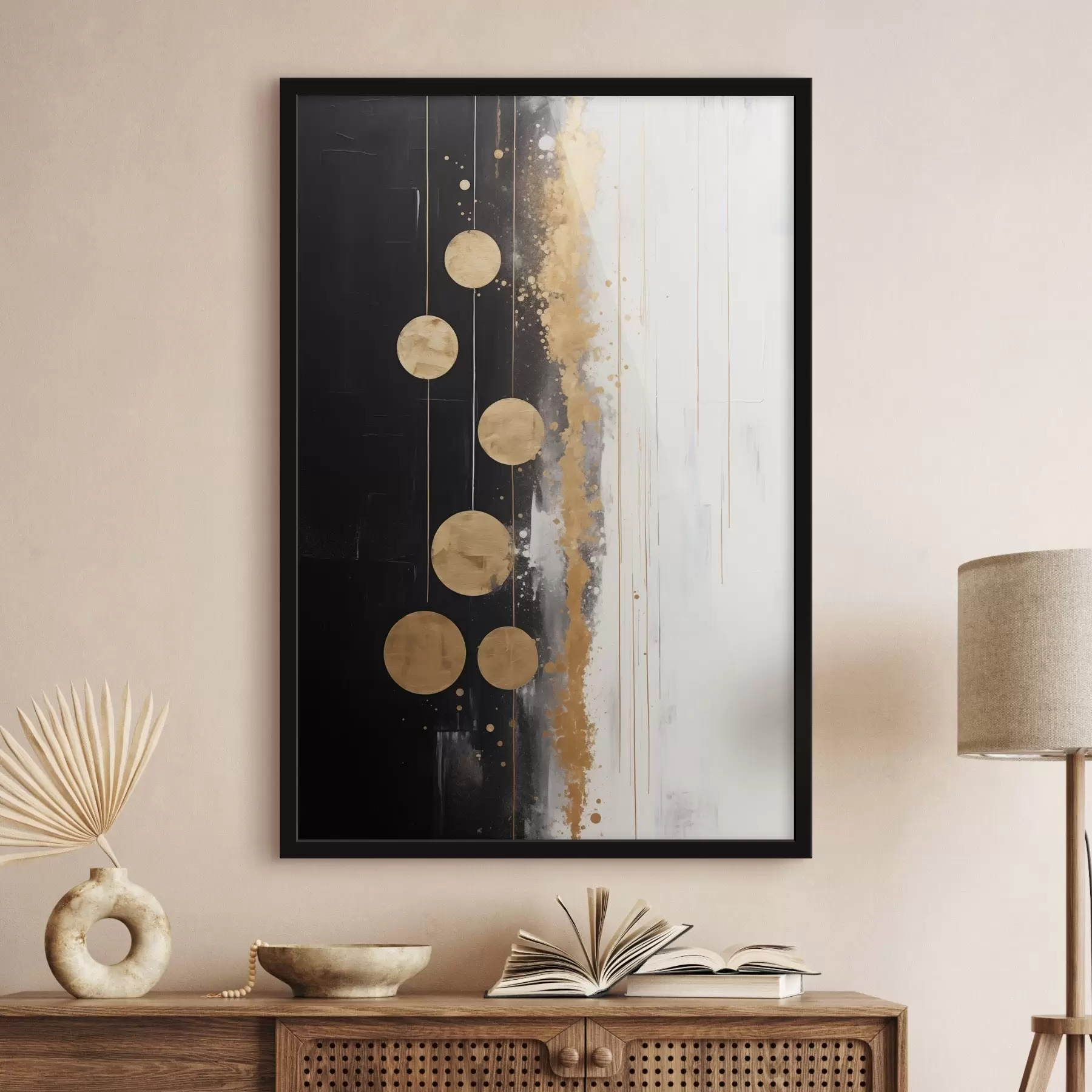 Fototapete Abstrakte Kunst mit gelben Kreisen auf schwarzem und weißem Hintergrund mit weißen und gelben Flecken hängen f43410