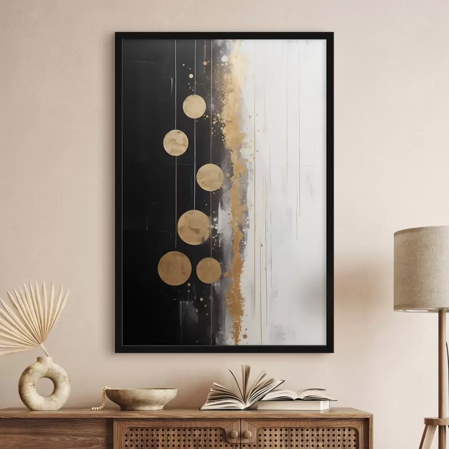 Fototapete Abstrakte Kunst mit gelben Kreisen auf schwarzem und weißem Hintergrund mit weißen und gelben Flecken hängen f43410