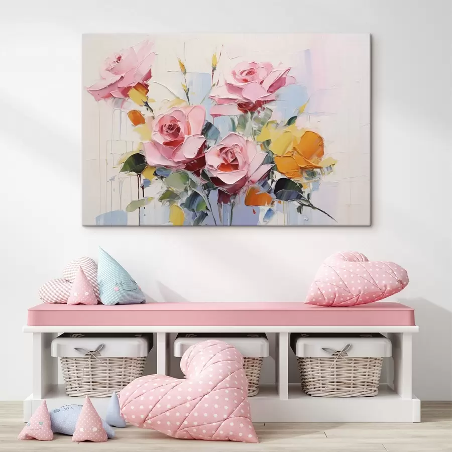 Wandbilder Moderne abstrakte Kunst von rosa und gelben Rosen mit Blättern, dicke Pinselstriche, Ölgemälde Nachahmung, Pastellfarben s43392