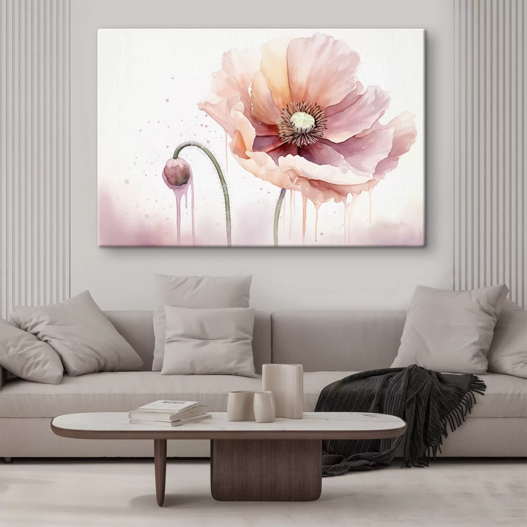 Fototapete Eine rosa Mohnblume mit einer Knospe auf einem weißen Hintergrund, Aquarellmalerei Nachahmung mit Tropfen, weiche Farben s43402
