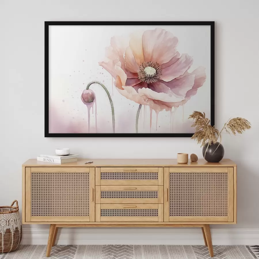 Fototapete Eine rosa Mohnblume mit einer Knospe auf einem weißen Hintergrund, Aquarellmalerei Nachahmung mit Tropfen, weiche Farben f43402