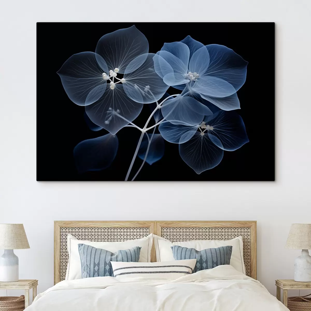 Wandbilder Eine durchscheinende blaue Hortensienblüte mit blauen Staubgefäßen und einem zarten Stiel vor schwarzem Hintergrund s43395