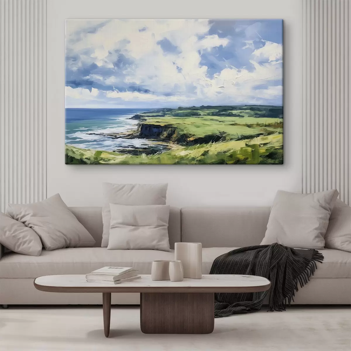 Wandbilder Grünes Feld mit einer Klippe an der Küste, blaues Meer mit Wellen, bewölkter Himmel, minimalistische moderne Ölgemälde Nachahmung s43406