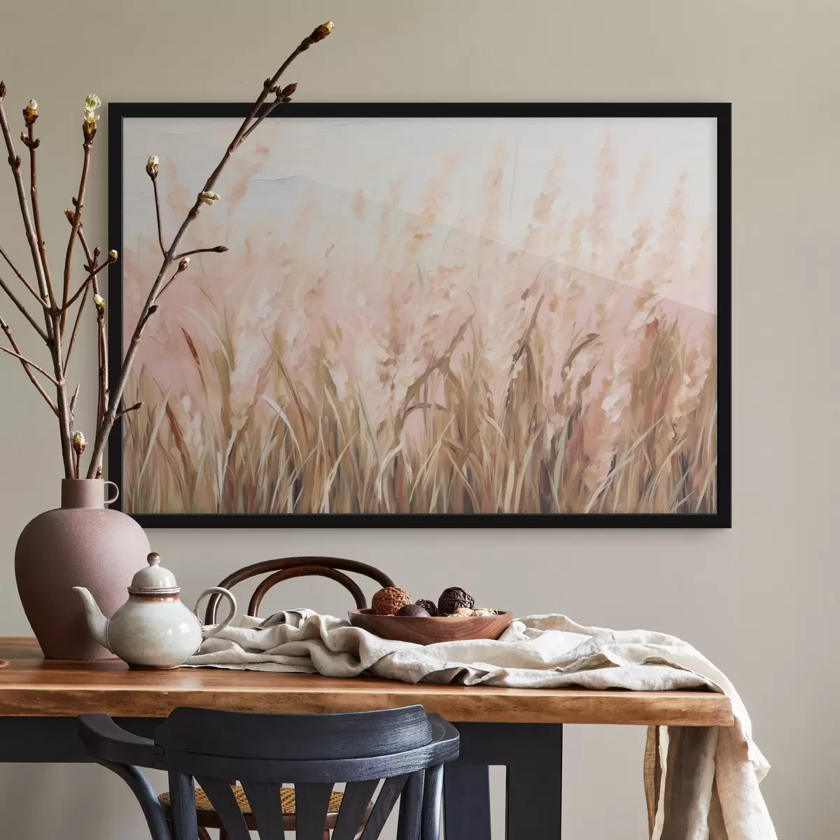 Poster Pampasgrasfeld mit rosa und braunen Tönen, weiche Pinselstriche, abstrakte Ölmalerei Kunstimitation f43403