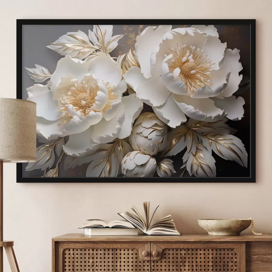 Wandbilder Weiße und gelbe Pfingstrosen mit Blättern, komplizierte Details, dekorative Kunst, dunkler Hintergrund f43399