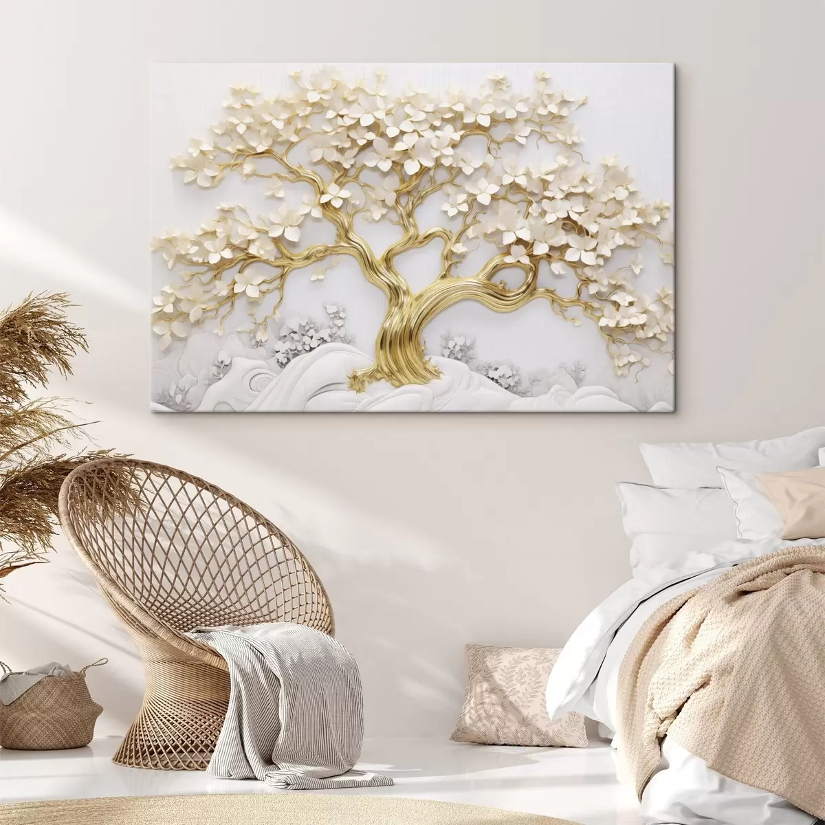 Wandbilder Dekorativer Baum mit weißen Blumen, weißer Hintergrund, weiße Felsen, komplizierte Details, von der Natur inspirierte Kunst s43388