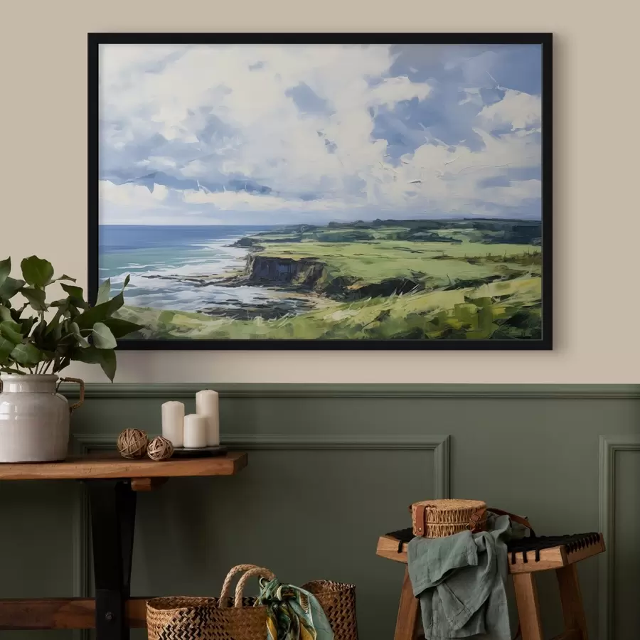 Fototapete Grünes Feld mit einer Klippe an der Küste, blaues Meer mit Wellen, bewölkter Himmel, minimalistische moderne Ölgemälde Nachahmung f43406
