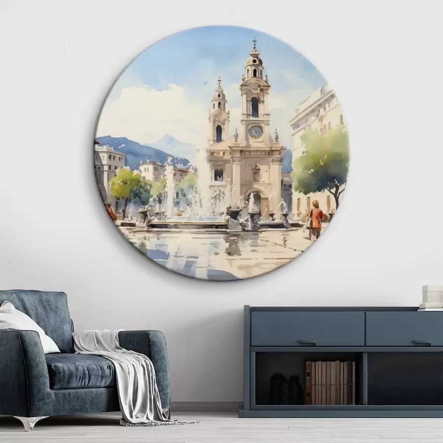Wandbilder Abstrakte Stadtlandschaft mit Turm und Springbrunnen auf einem Stadtplatz, Berge in der Ferne, Aquarellstil r43397